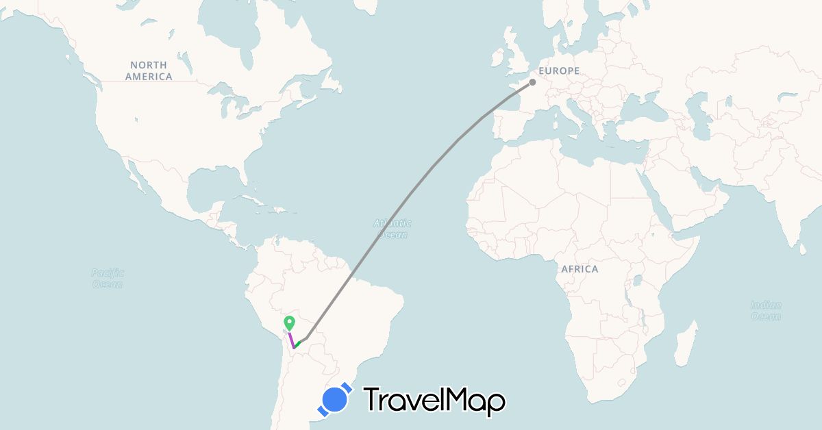 TravelMap itinerary: bus, plane, train in Bolivia, France (Europe, South America)